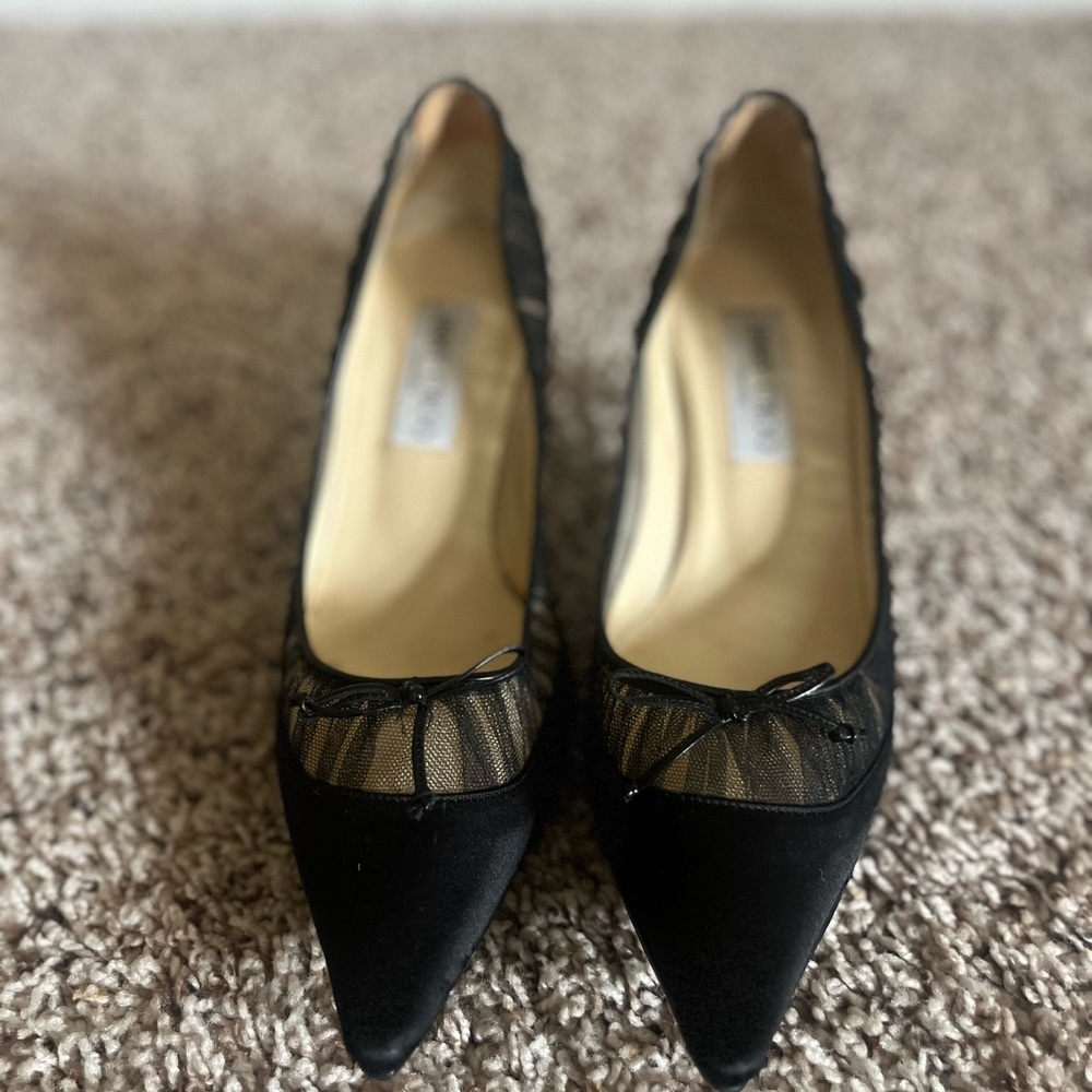 Jimmy Choo Black Pointed Mesh-Trim Flats with Bow